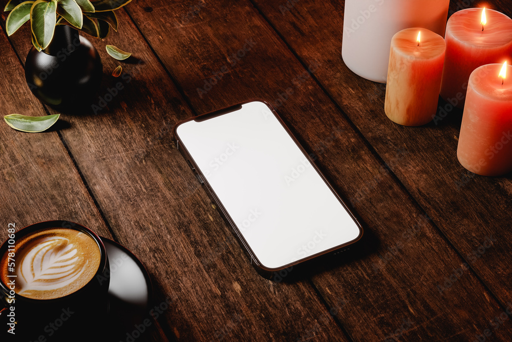 Poster 3d rendering of modern smartphone with blank screen placed on wooden table