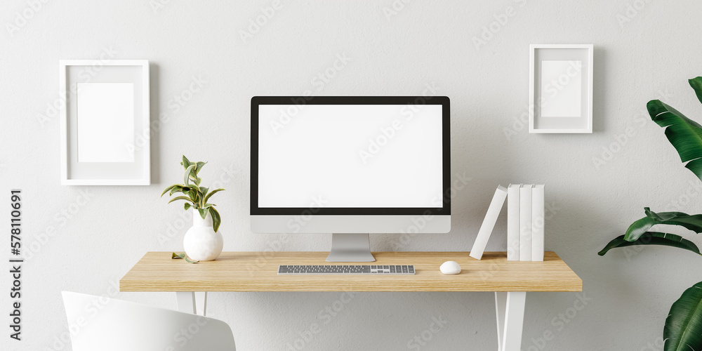 Poster 3d render of modern computer with blank mock up screen on minimal desk