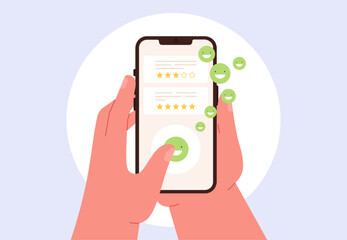 Review in phone, online restaurant rating. Customers reviews, client messaging feedback. Customer opinion, racy positive faces in smartphone vector concept