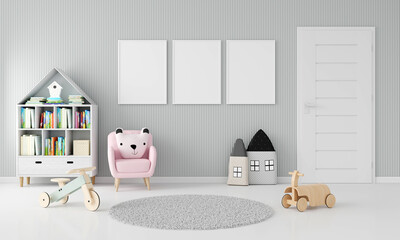 Gray child room with frame mock up, 3D rendering