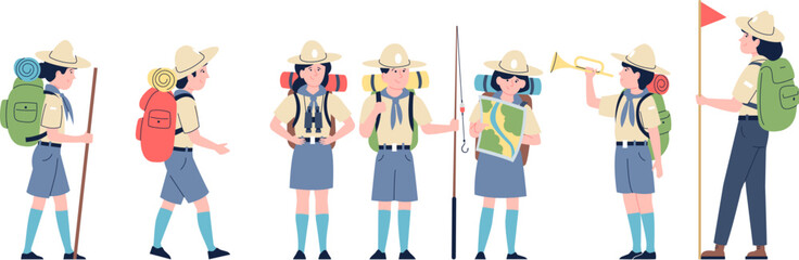 Scouts and ranger group, survival and explorer children team. Hiking on nature, backpackers camping adventures. Resting recent vector characters