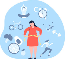 Weight loss healthy diet and sport training. Fat woman thinking about diet. Waist measurement, diabetic reason and prevention. Various lifestyle recent vector scene