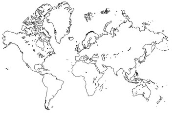 Flat wold map with continent silhouettes. Global word map outline on transparent background.