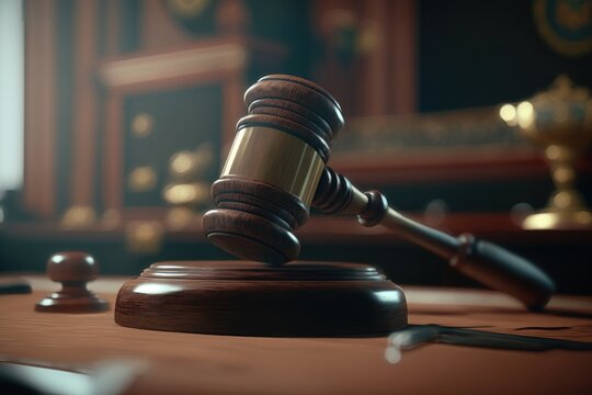 Honorable Female Judge Pronouncing Sentence, striking Gavel. Focus on Mallet. Close-up Shot. AI Generation