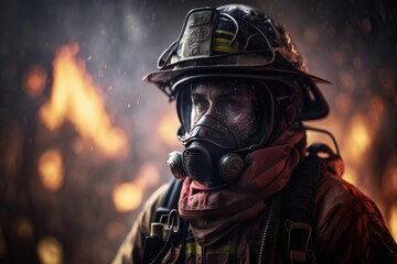 Fototapeta premium Portrait Firefighter man wearing protective fire suite and helmet with equipment. AI Generation