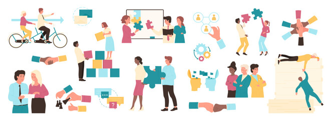 Naklejka na ściany i meble Business teamwork set vector illustration. Cartoon people of corporate team collect puzzle for company organization, carry cubes in collaboration, ride tandem bike and discuss business strategy