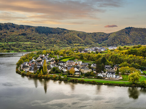 Senhals village on the Moselle river bend and rolling hills in Cochem-Zell district, Germany