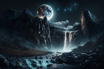 Cinematic moon over the mountains waterfall landscape photo