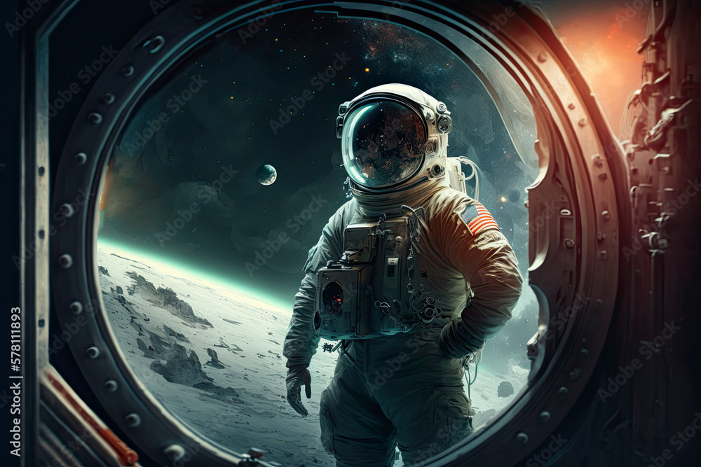Wall mural dramatic colorful astronaut in space with planets and stars created with generative ai technology