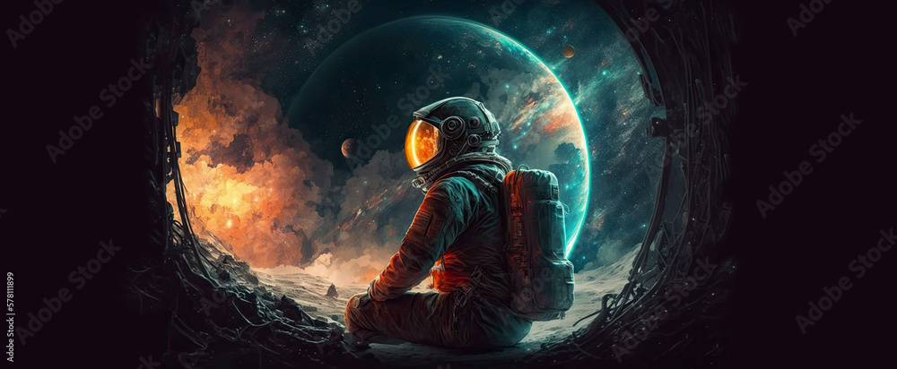 Poster dramatic colorful astronaut in space with planets and stars created with generative ai technology