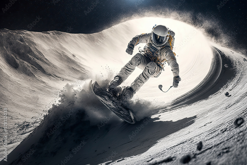 Sticker dramatic astronaut snowboarding on the moon with earth in background created with generative ai tech