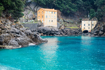 Fototapeta na wymiar san fruttuoso bay, liguria, northern italy, on the ligurian sea, inside the park of portofino (liguria, northern italy), it can be accessed only by sea or by footpaths.