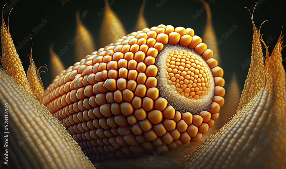 Poster a close up of a corn on the cob on a black background. generative ai