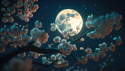 Branches of cherry blossom at night amid full moon created with generative AI technology