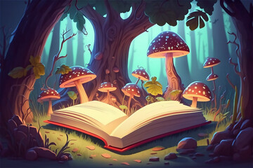 Magical Forest, Mushrooms around a book. Concept Illustration, Realistic Cartoon Style Background. Generative AI