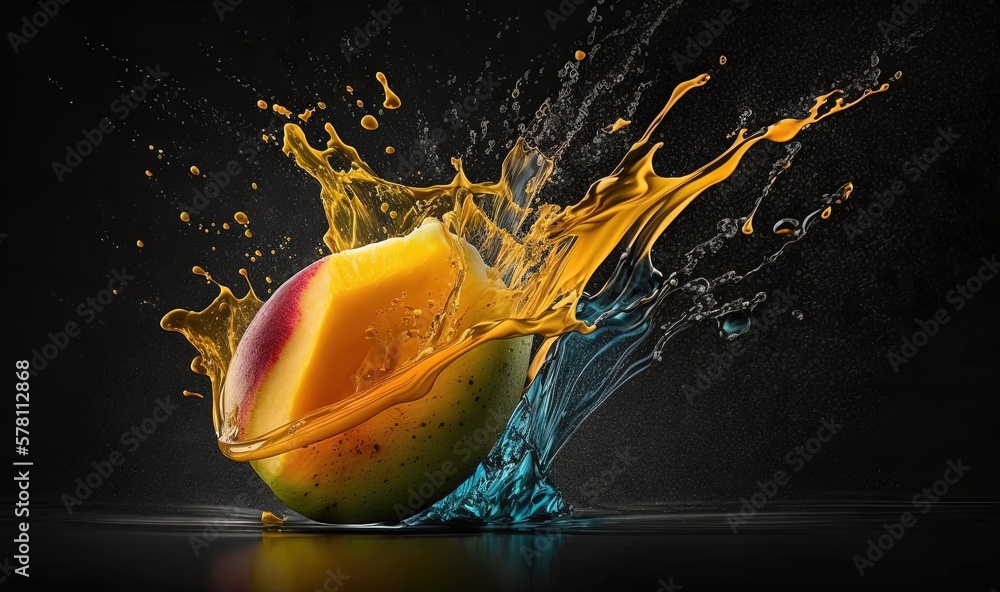 Poster an apple with a splash of orange juice on top of it. generative ai