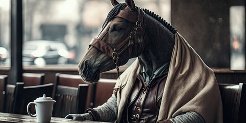 Fototapeta na wymiar Portrait of a horse sitting at a cafe with a cup of coffee, generative ai 