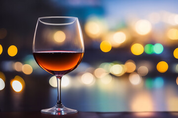 A glass of wine with colorful city bokeh light. Generative AI.