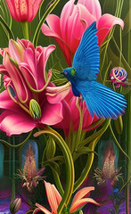 blue bird flying over fantastic red flowers, illustration, background