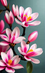 bright illustration of large pink magnolia flowers on a gray background, opening, design, volume