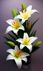 bouquet of white lilies on a dark background, bright digital illustration, postcard, background