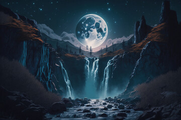 Moon over the mountain waterfall landscape background photo
