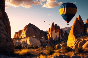 Hot air balloon flying with castle in the background. AI Generation