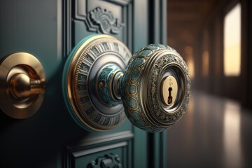 An antique lock on the front door. AI generation
