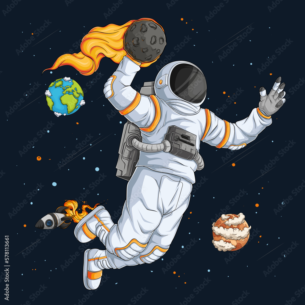 Sticker hand drawn astronaut in spacesuit playing basketball doing dunk move over space rocket and planets
