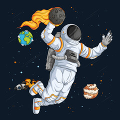 Hand drawn astronaut in spacesuit playing Basketball doing dunk move  over space rocket and planets