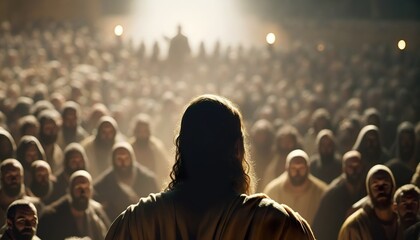 Illustration der Jünger von Jesus, welche eine Predigt oder Rede halten, vor Publikum. Menschen hören eine Predigt in einer altertümlichen Umgebung zu. - Generative AI  - obrazy, fototapety, plakaty