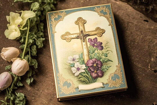 A vintage-style Easter card with an image of a cross - Generative ai