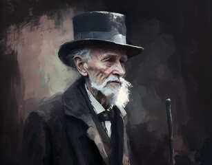 old man wearing a top hat and walking stick oil painting portrait illustration Generative Ai - obrazy, fototapety, plakaty