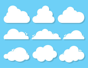 Set of White Cloud Icons in trendy flat style isolated on blue background. Cloud symbol for your web site design, logo, app. Vector illustration