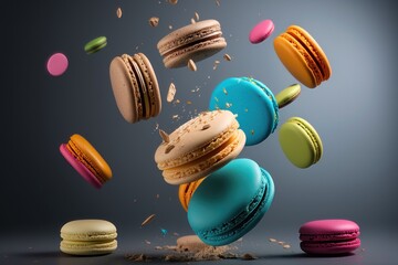 Traditional french cookies macarons of different colors and taste on dark background and flying in the air. AI Generation