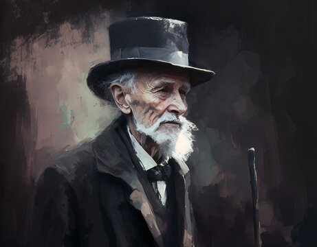 old man wearing a top hat and walking stick oil painting portrait illustration Generative Ai