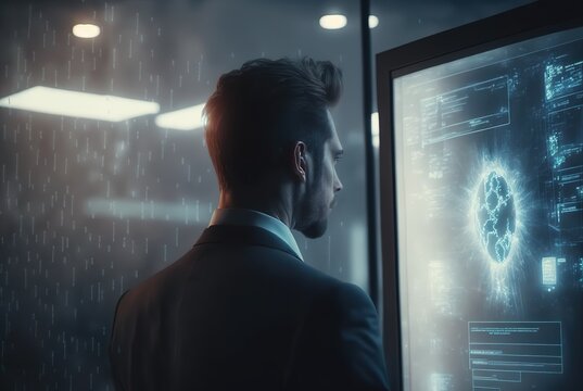 Hacker am Terminal in dramatischer Kino-atmosph&auml;re. Moderner Monitor aus der Zukunft wird bedient. Es regnet in der Stra&szlig;en der Stadt. 