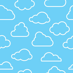 Seamless pattern with White Cloud Icons in trendy line art, outline style isolated on blue background. Cloud symbol for your web site design, logo, app. Vector illustration