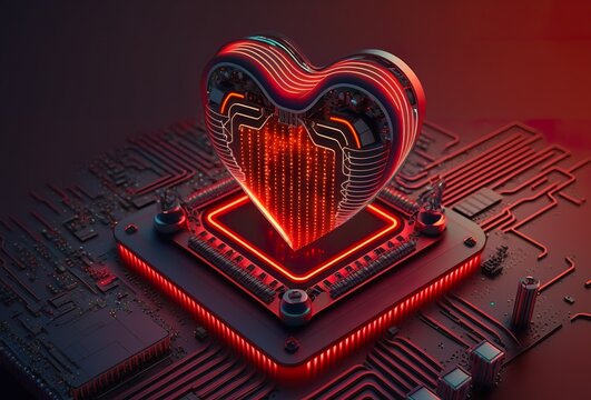 Technik Herz - elektronische Bauteile und Technologie in Verbindung mit Herzlichkeit und Menschlichkeit. Generativ KI