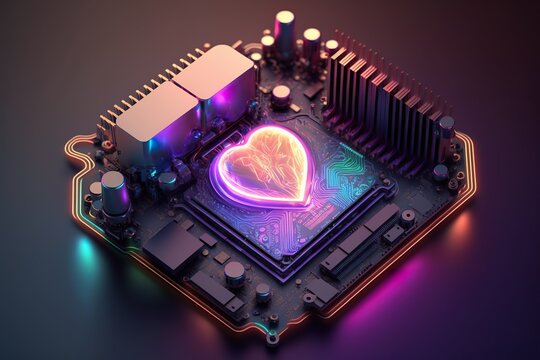 Technik Herz - elektronische Bauteile und Technologie in Verbindung mit Herzlichkeit und Menschlichkeit. Generativ KI