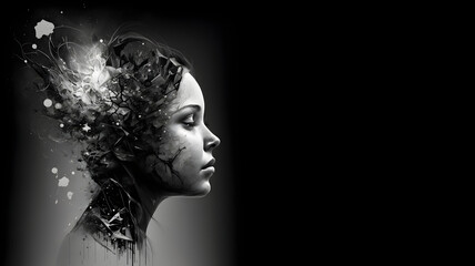 Abstract black and white image of woman’s face in profile with multiple thoughts depicted on the back of her head. Banner. Generative Ai