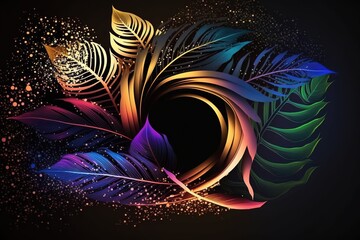 Abstract wind swirls with tropical leaves. Abstract dark background. AI