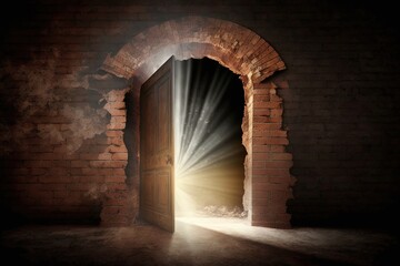 Old open doors. Sunlight, open entrance, magic background. AI