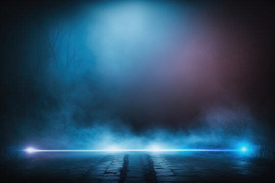 Image of an empty foggy street in smoke with wet asphalt. AI