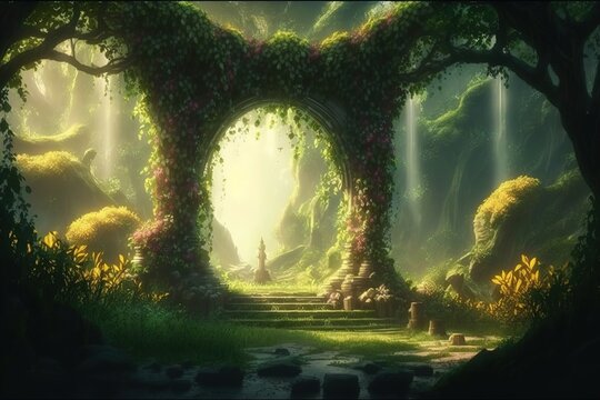 Exotic fairy tale fantasy forest, green oasis. Unreal fantasy landscape with trees and flowers. AI