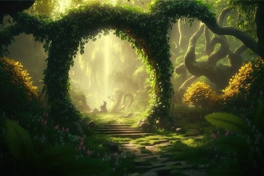 Exotic fairy tale fantasy forest, green oasis. Unreal fantasy landscape with trees and flowers. AI