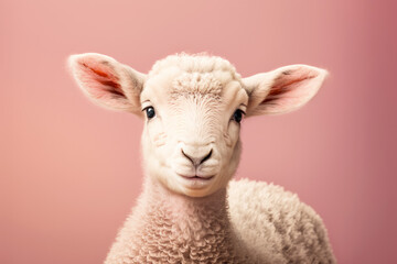 Portrait of a cute spring lamb. Studio shot against a bright background. Generative ai