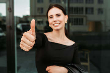 Pretty brunette caucasian woman standing outside street with white teeth beaming healthy smiling...