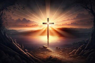 Artistic depiction of sunrise on Easter morning with a cross and rays of light - Generative ai