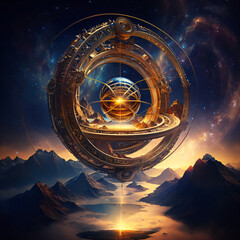 surreal futuristic spherical astrolabe on a beautiful fantasy mountain range landscape Generative Ai